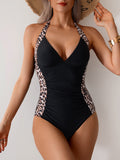 Ailovesexy - Women One Piece Swimsuit Leopard Splicing Halter V Neck Sexy Tummy Control Push Up Swimwear Back Tie Bathing Suit