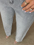 Premium Wide Leg Diamante Denim Jeans in Storm Grey