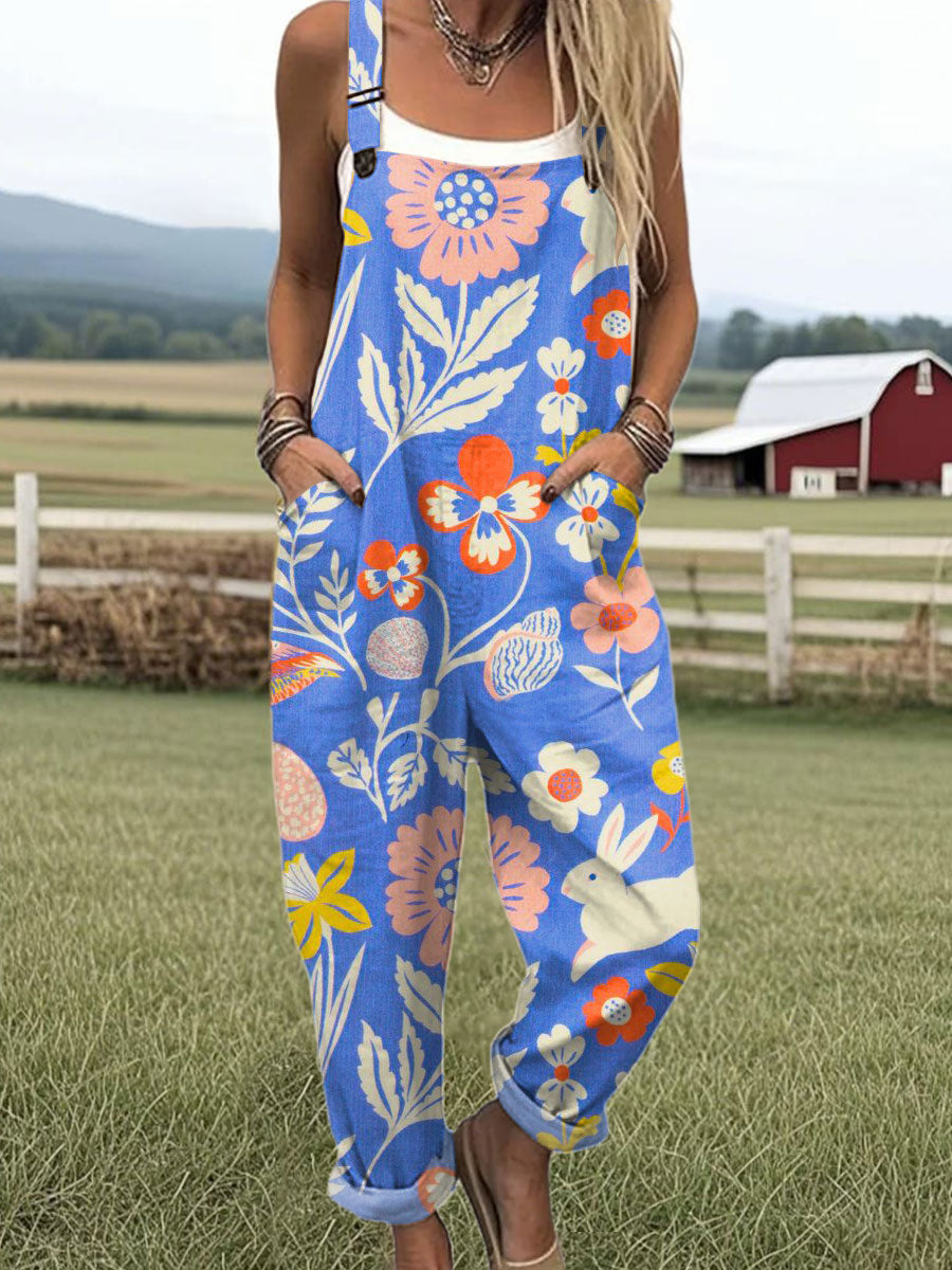 Women's Vintage Flower Art Print Casual Cotton Wide Leg Jumpsuit