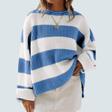 Women's 2025 Fall Long Sleeve Oversized Striped Color Block Comfy Loose Crew Neck Knitted Pullover Sweater