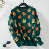 Women's Leaf Pattern Vaction Sweater Crewneck Long Sleeve Casual Loose Fall Knit Student Pullover Tops