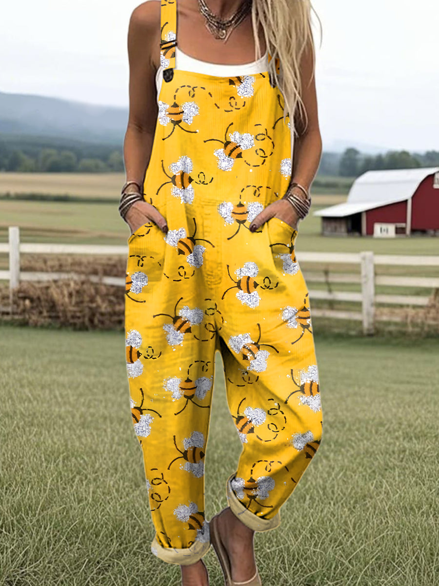 Women's Yellow Cartoon Bee Print Casual Wide Leg Jumpsuit