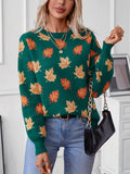 Women's Leaf Pattern Vaction Sweater Crewneck Long Sleeve Casual Loose Fall Knit Student Pullover Tops