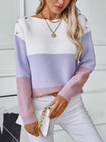 Womens Long Sleeve Crew Neck Color Block Fall Fashion Knitted Pullover Sweaters