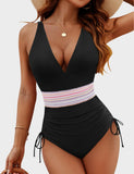 Ailovesexy - Women Tummy Control Swimsuits One Piece Slimming Modest Bathing Suit Color Block Drawstring Swim Suits