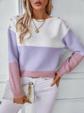 Womens Long Sleeve Crew Neck Color Block Fall Fashion Knitted Pullover Sweaters