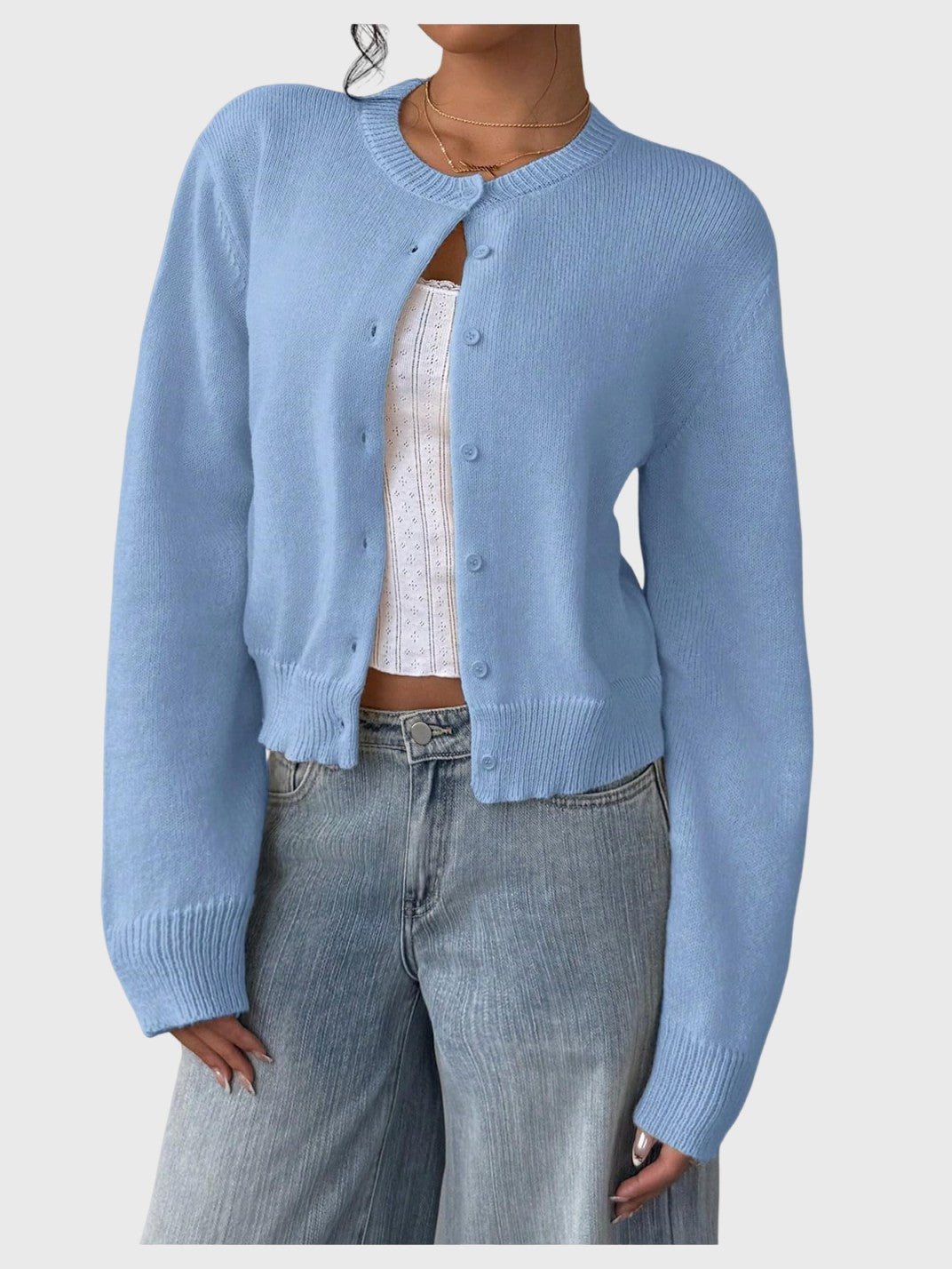 Women's Button Down Long Sleeve Crewneck Crop Cardigan Sweater Cute Knitwear Clothes