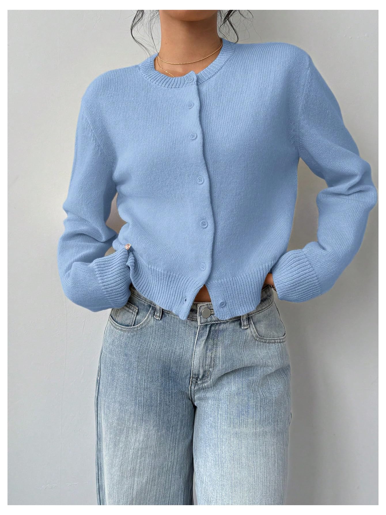 Women's Button Down Long Sleeve Crewneck Crop Cardigan Sweater Cute Knitwear Clothes