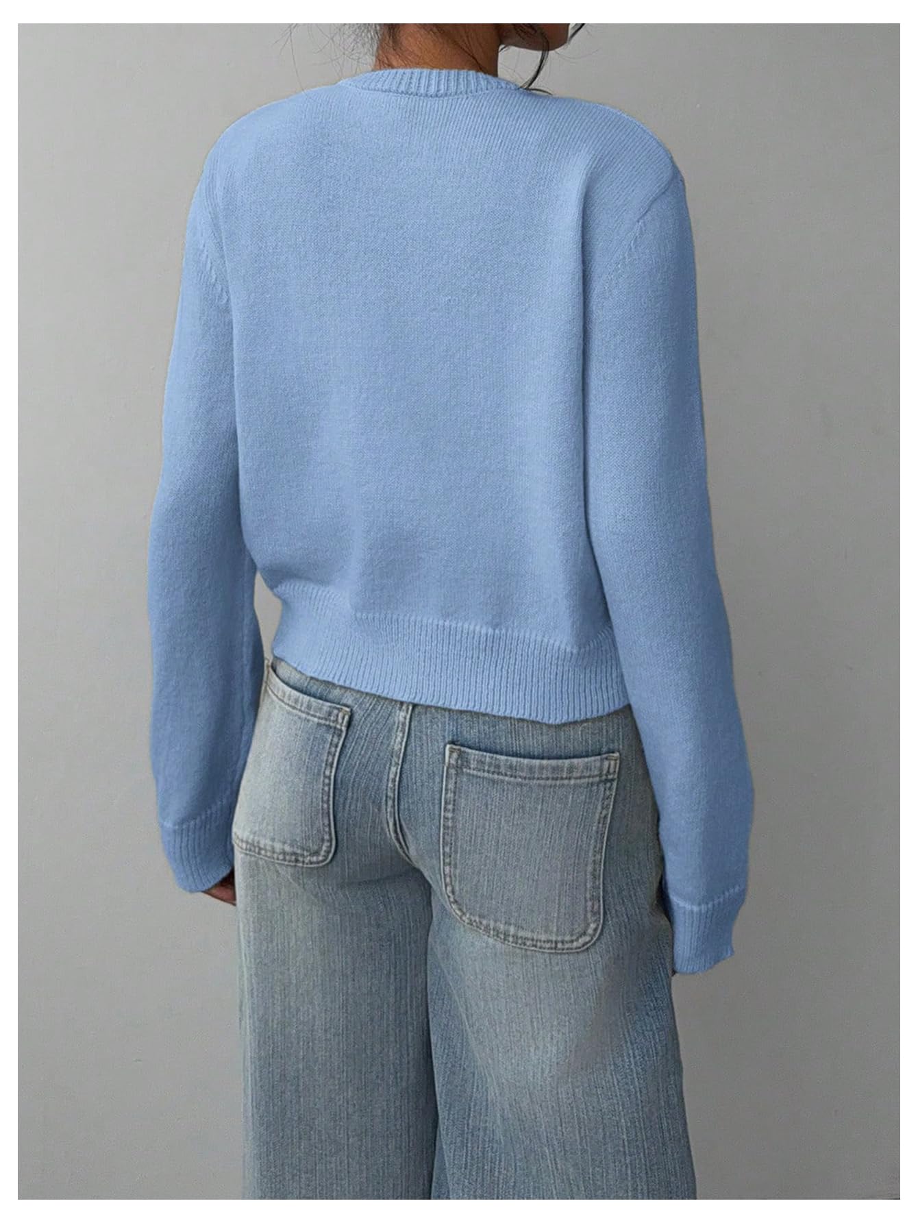 Women's Button Down Long Sleeve Crewneck Crop Cardigan Sweater Cute Knitwear Clothes