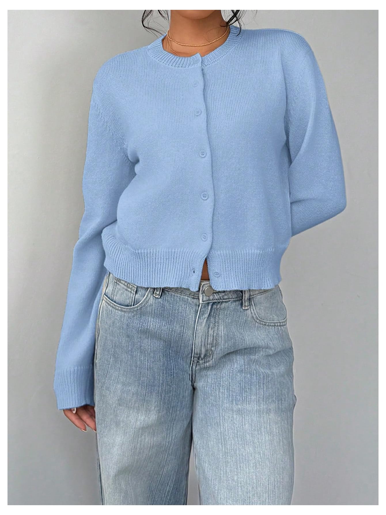 Women's Button Down Long Sleeve Crewneck Crop Cardigan Sweater Cute Knitwear Clothes