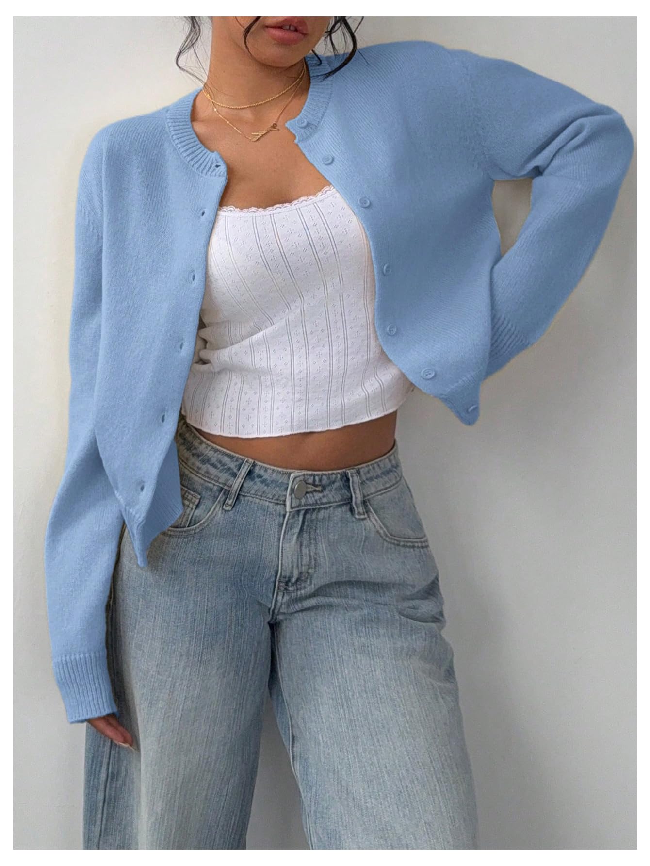 Women's Button Down Long Sleeve Crewneck Crop Cardigan Sweater Cute Knitwear Clothes
