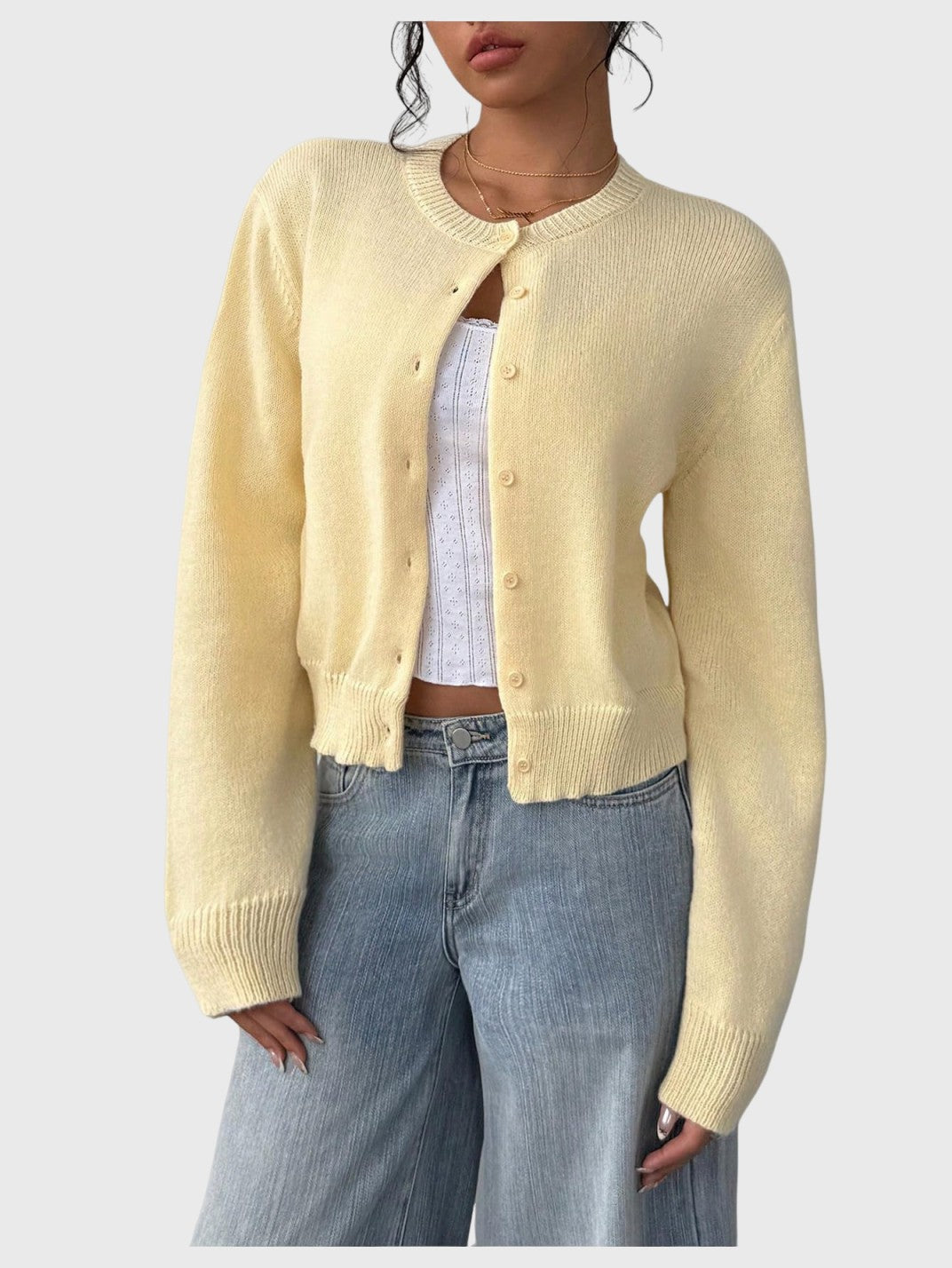 Women's Button Down Long Sleeve Crewneck Crop Cardigan Sweater Cute Knitwear Clothes