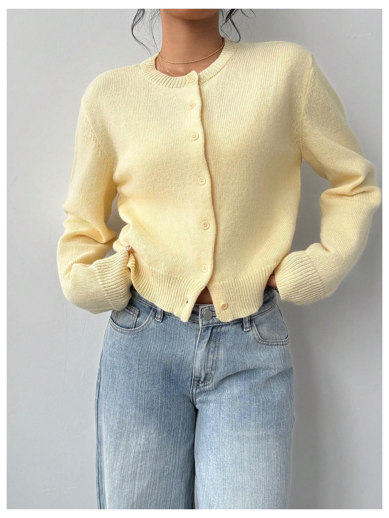 Women's Button Down Long Sleeve Crewneck Crop Cardigan Sweater Cute Knitwear Clothes