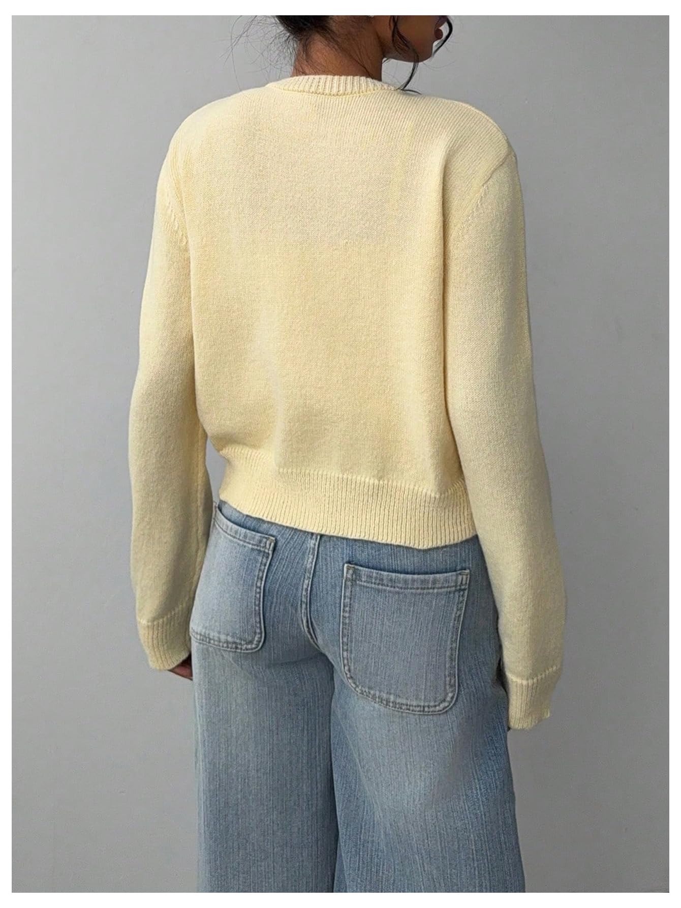 Women's Button Down Long Sleeve Crewneck Crop Cardigan Sweater Cute Knitwear Clothes
