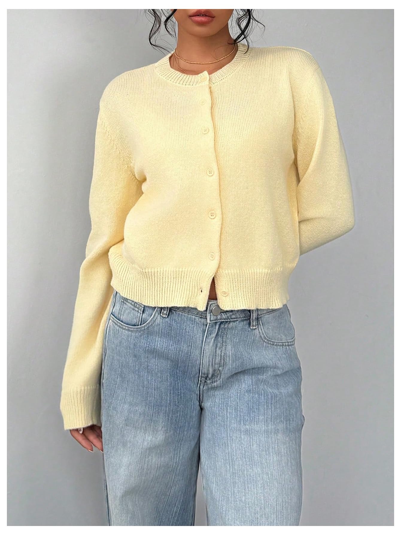 Women's Button Down Long Sleeve Crewneck Crop Cardigan Sweater Cute Knitwear Clothes