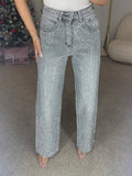 Premium Wide Leg Diamante Denim Jeans in Storm Grey