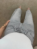 Premium Wide Leg Diamante Denim Jeans in Storm Grey