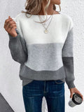 Womens Long Sleeve Crew Neck Color Block Fall Fashion Knitted Pullover Sweaters Jumper Tops