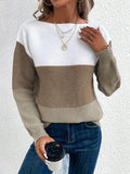 Womens Long Sleeve Crew Neck Color Block Fall Fashion Knitted Pullover Sweaters Jumper Tops