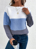 Womens Long Sleeve Crew Neck Color Block Fall Fashion Knitted Pullover Sweaters Jumper Tops