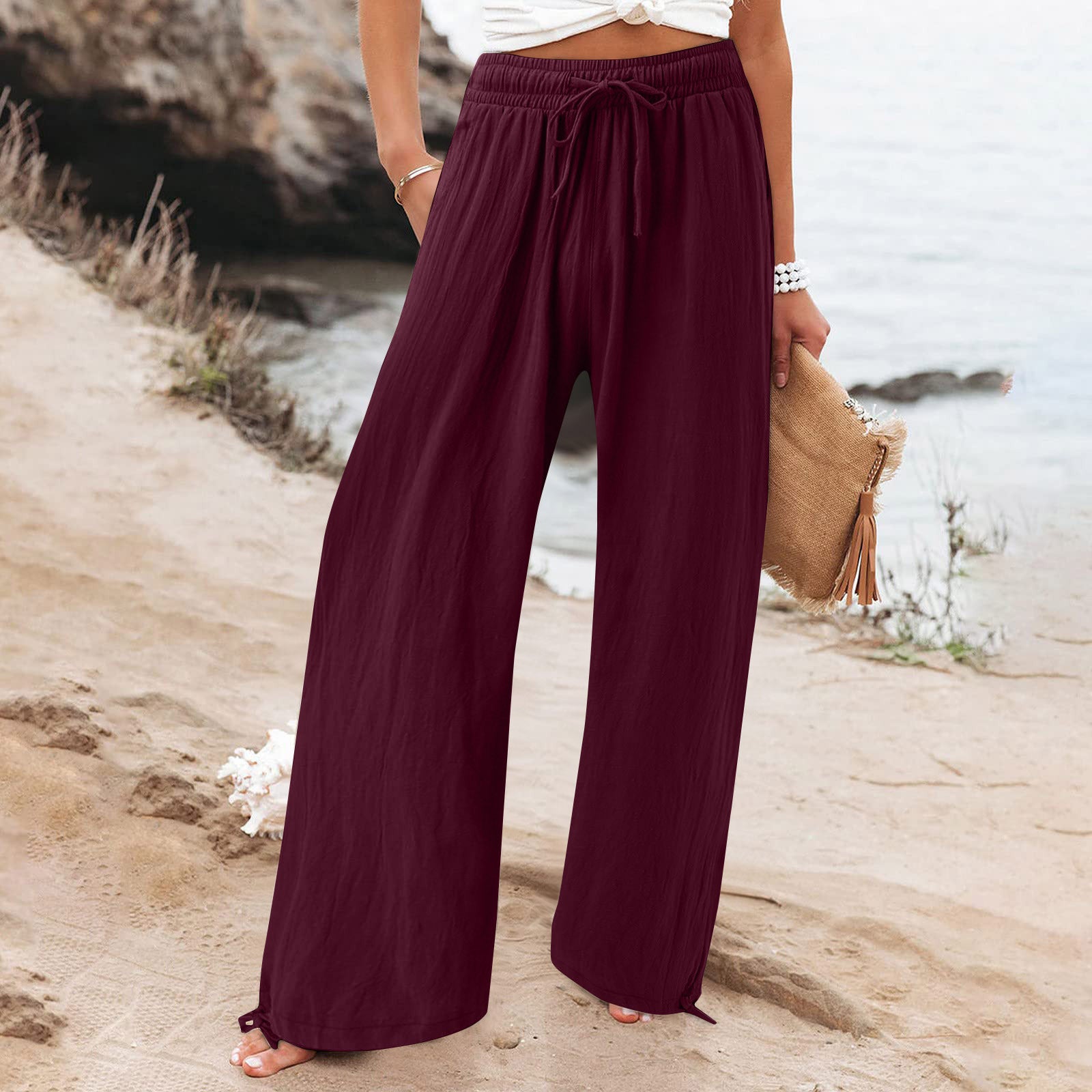 Women's Cotton Linen Drawstring Wide Leg Pants High Waisted Casual Loose Trousers Lounge Straight Pants with Pockets