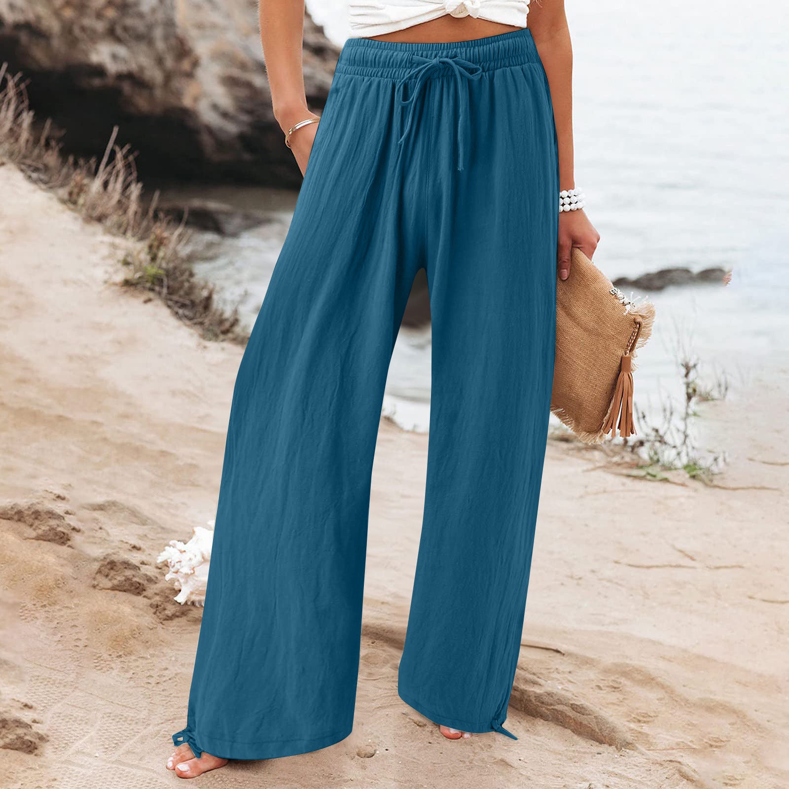 Women's Cotton Linen Drawstring Wide Leg Pants High Waisted Casual Loose Trousers Lounge Straight Pants with Pockets