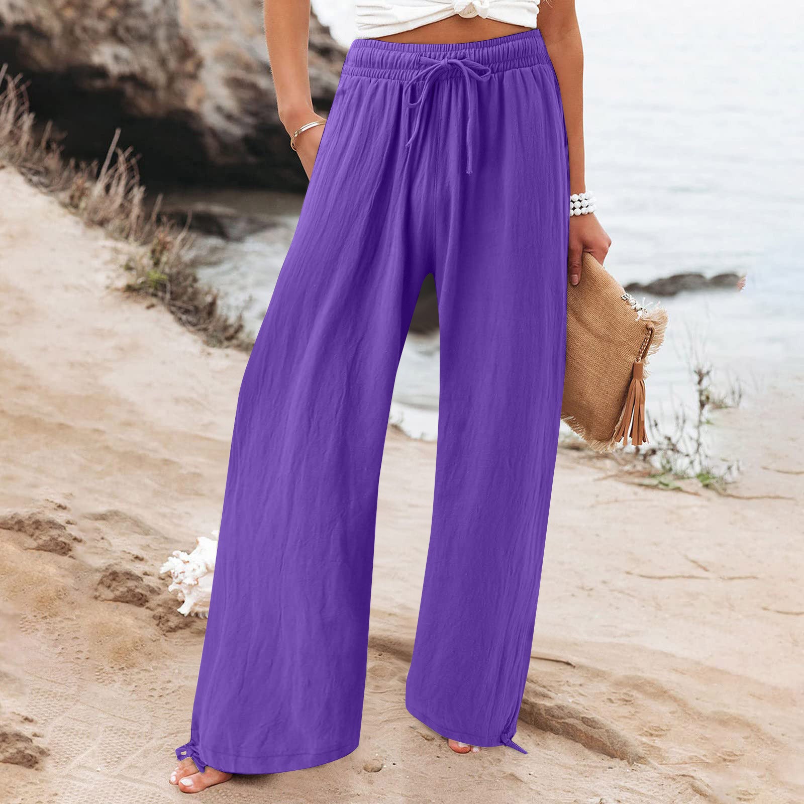 Women's Cotton Linen Drawstring Wide Leg Pants High Waisted Casual Loose Trousers Lounge Straight Pants with Pockets