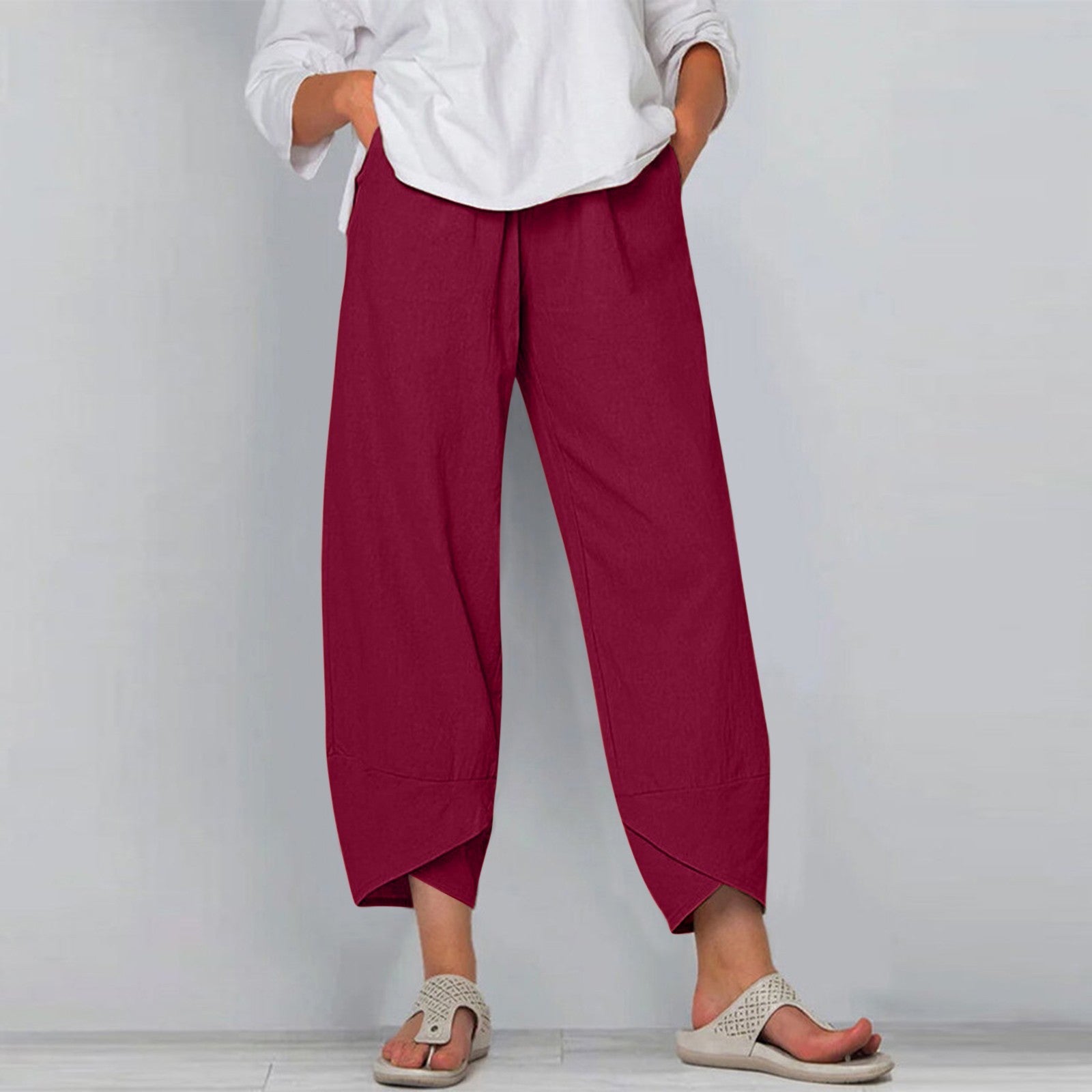 Women's Pants Fashion Split Hem Cropped Trousers with Pockets Elastic Waist Comfy Casual Daily Slacks