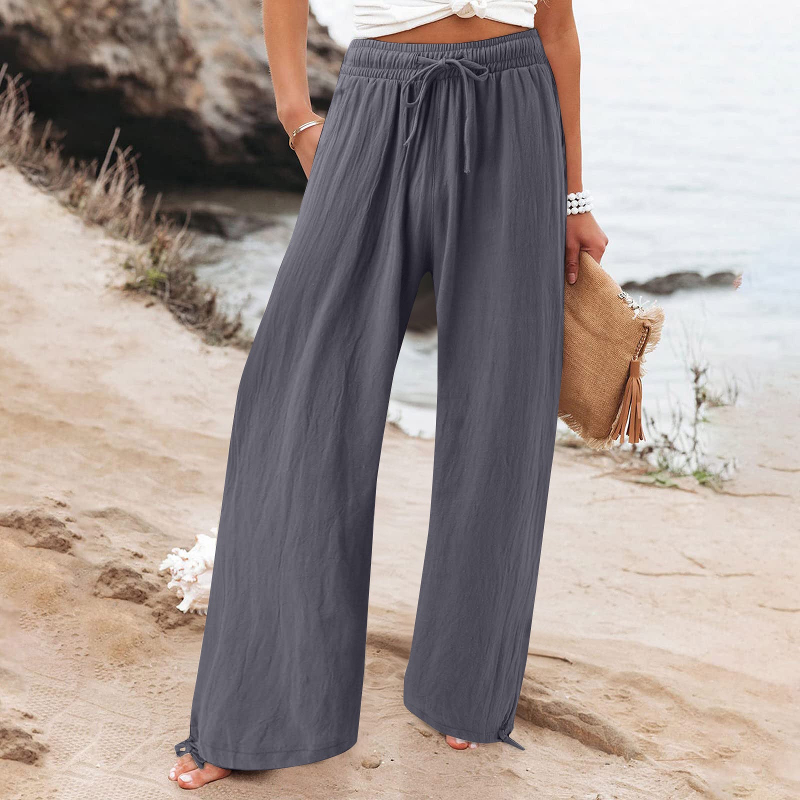 Women's Cotton Linen Drawstring Wide Leg Pants High Waisted Casual Loose Trousers Lounge Straight Pants with Pockets
