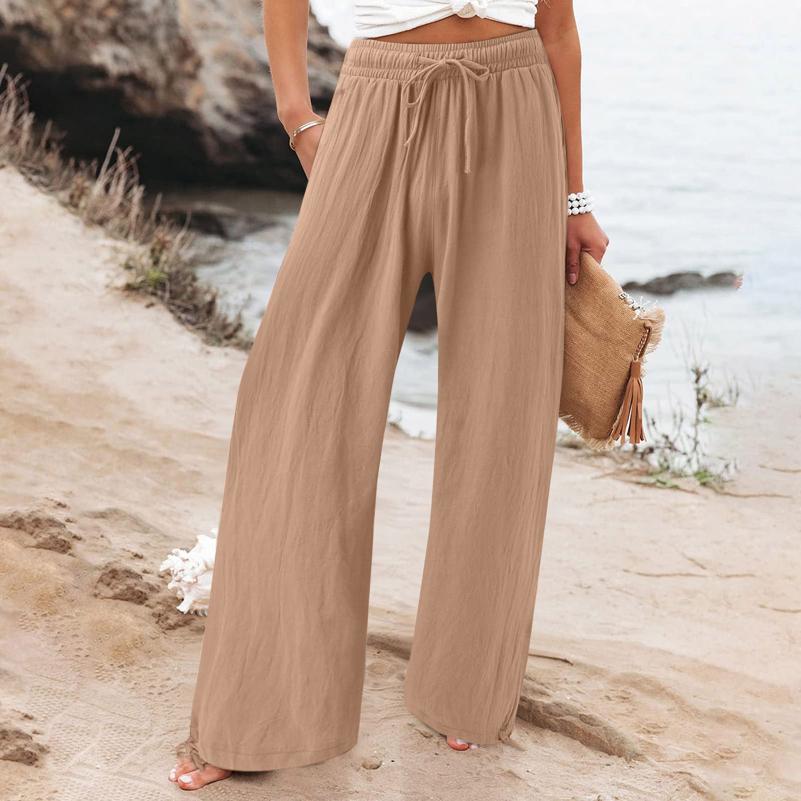 Women's Cotton Linen Drawstring Wide Leg Pants High Waisted Casual Loose Trousers Lounge Straight Pants with Pockets