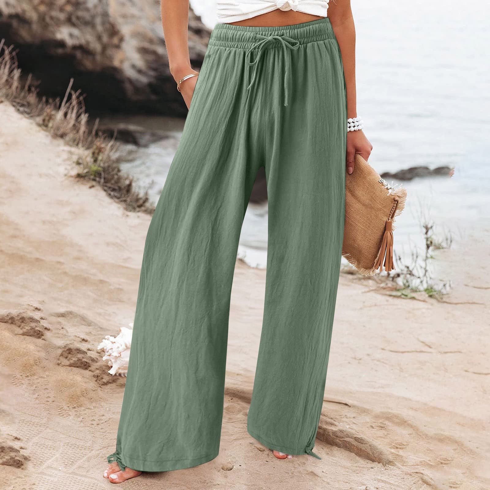 Women's Cotton Linen Drawstring Wide Leg Pants High Waisted Casual Loose Trousers Lounge Straight Pants with Pockets