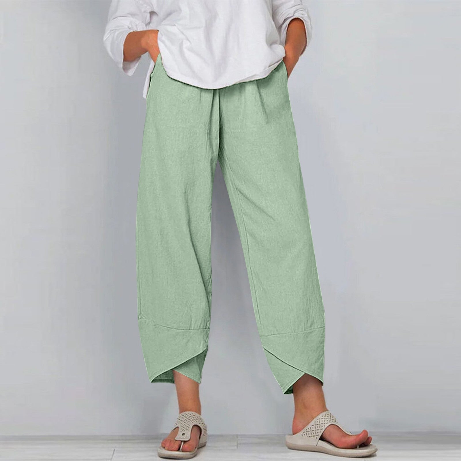 Women's Pants Fashion Split Hem Cropped Trousers with Pockets Elastic Waist Comfy Casual Daily Slacks