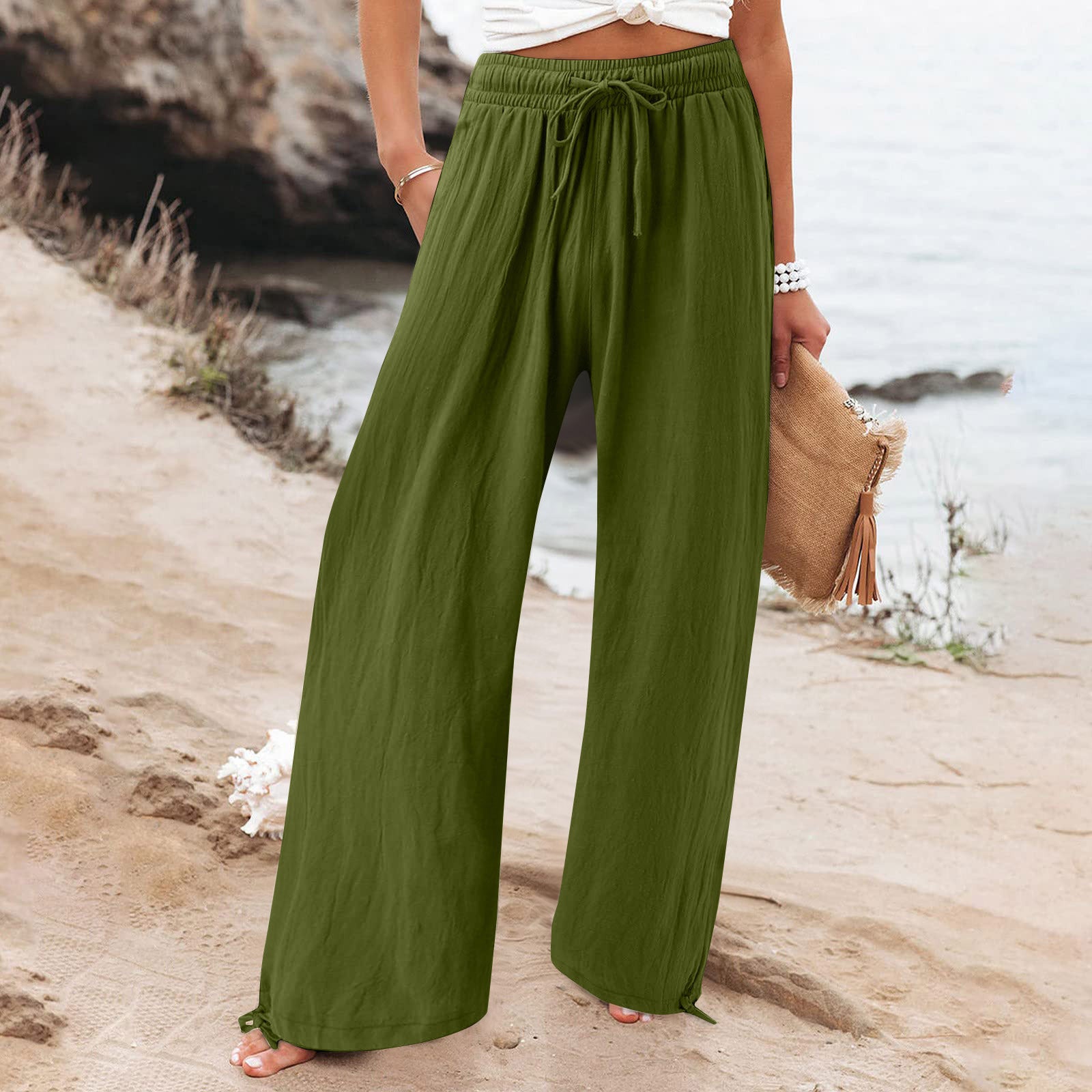 Women's Cotton Linen Drawstring Wide Leg Pants High Waisted Casual Loose Trousers Lounge Straight Pants with Pockets