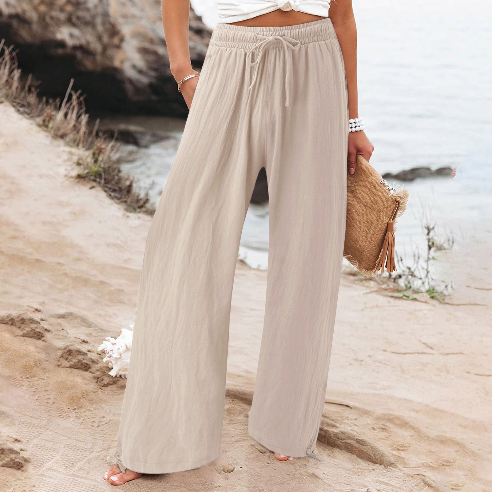 Women's Cotton Linen Drawstring Wide Leg Pants High Waisted Casual Loose Trousers Lounge Straight Pants with Pockets