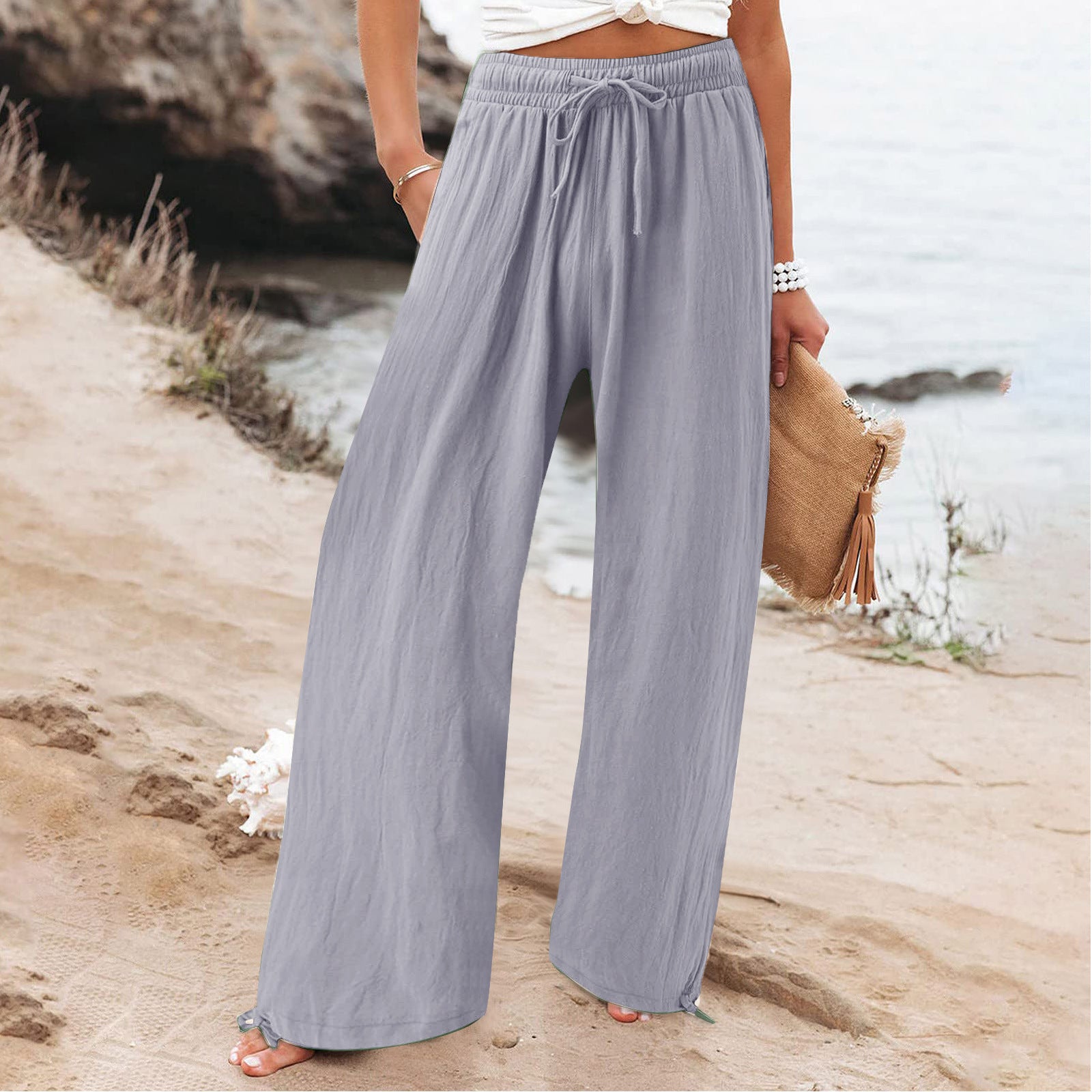 Women's Cotton Linen Drawstring Wide Leg Pants High Waisted Casual Loose Trousers Lounge Straight Pants with Pockets