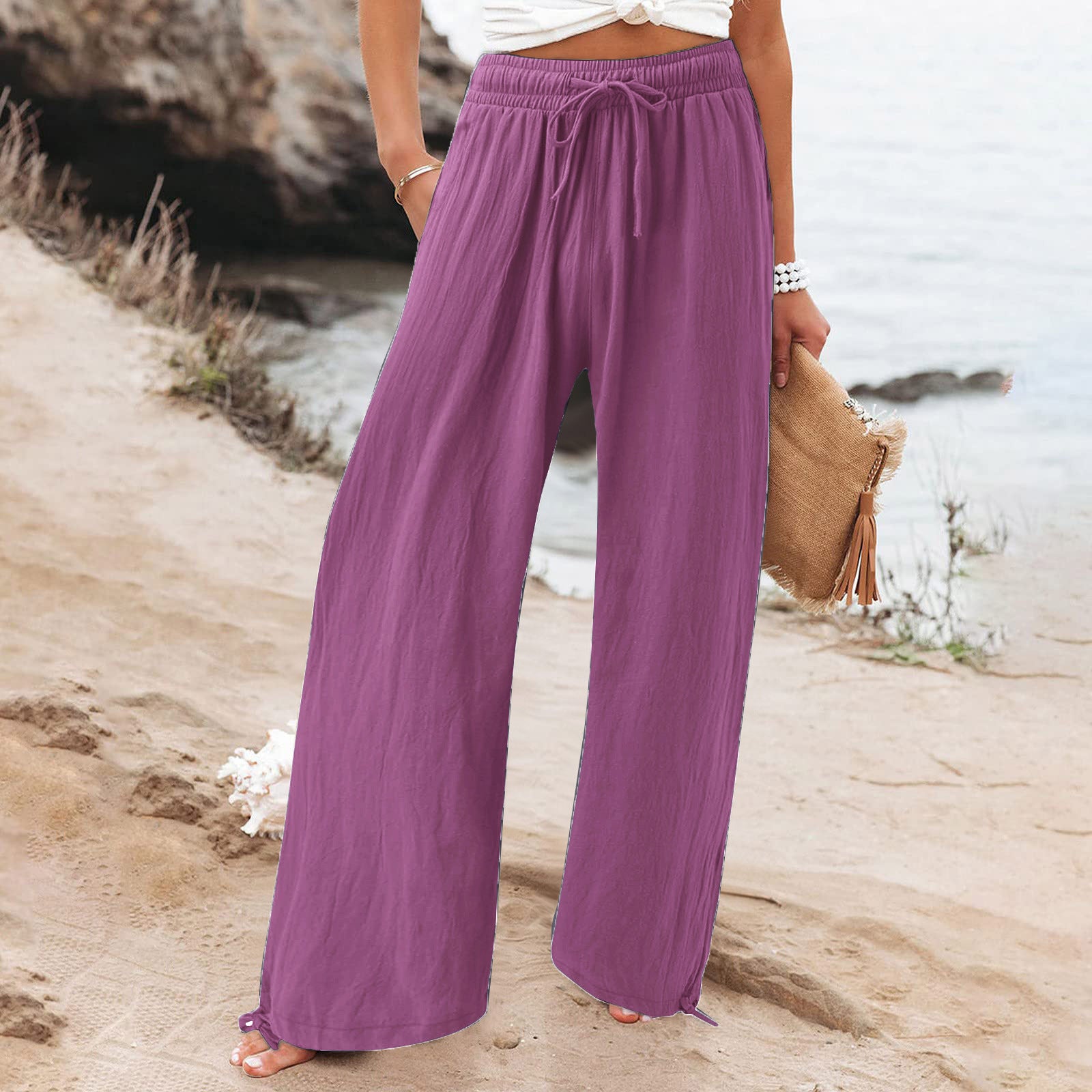 Women's Cotton Linen Drawstring Wide Leg Pants High Waisted Casual Loose Trousers Lounge Straight Pants with Pockets