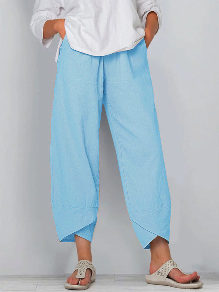Women's Pants Fashion Split Hem Cropped Trousers with Pockets Elastic Waist Comfy Casual Daily Slacks