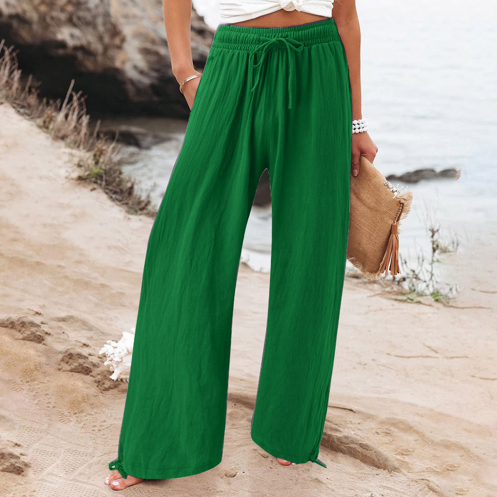 Women's Cotton Linen Drawstring Wide Leg Pants High Waisted Casual Loose Trousers Lounge Straight Pants with Pockets