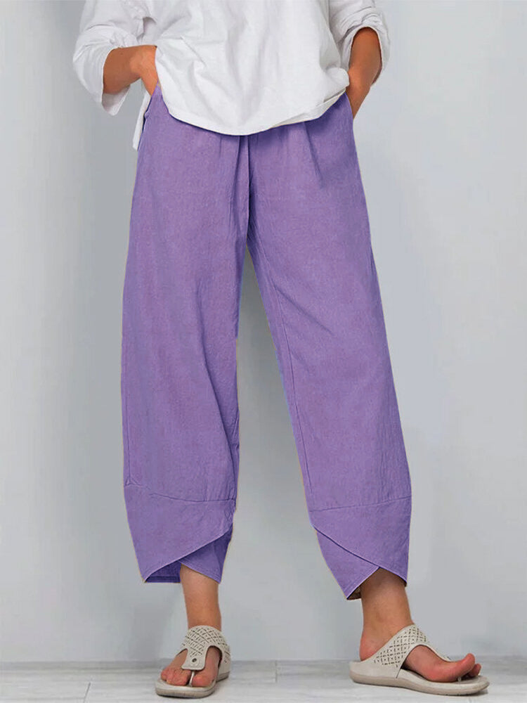 Women's Pants Fashion Split Hem Cropped Trousers with Pockets Elastic Waist Comfy Casual Daily Slacks