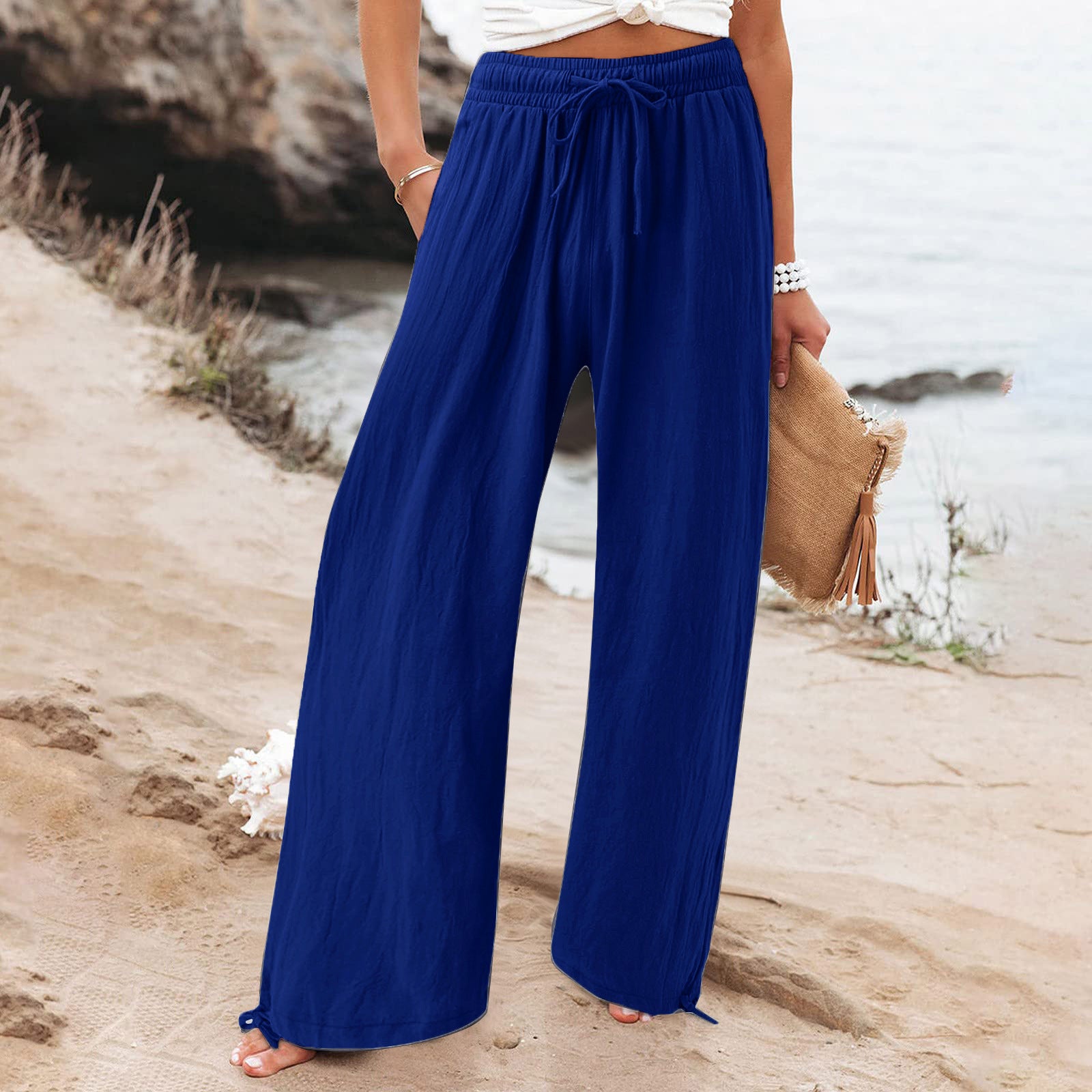 Women's Cotton Linen Drawstring Wide Leg Pants High Waisted Casual Loose Trousers Lounge Straight Pants with Pockets