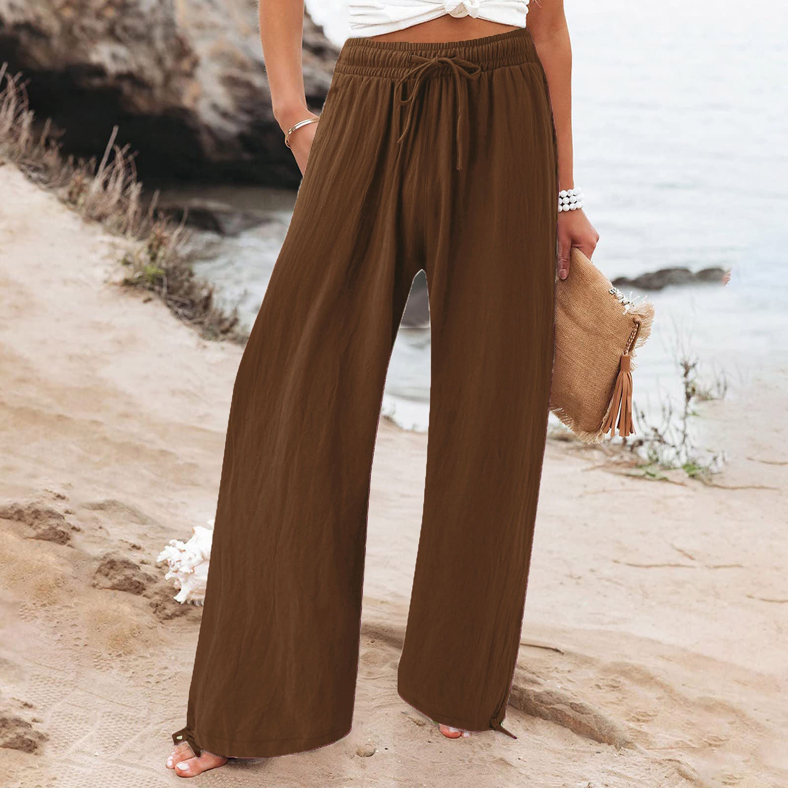 Women's Cotton Linen Drawstring Wide Leg Pants High Waisted Casual Loose Trousers Lounge Straight Pants with Pockets
