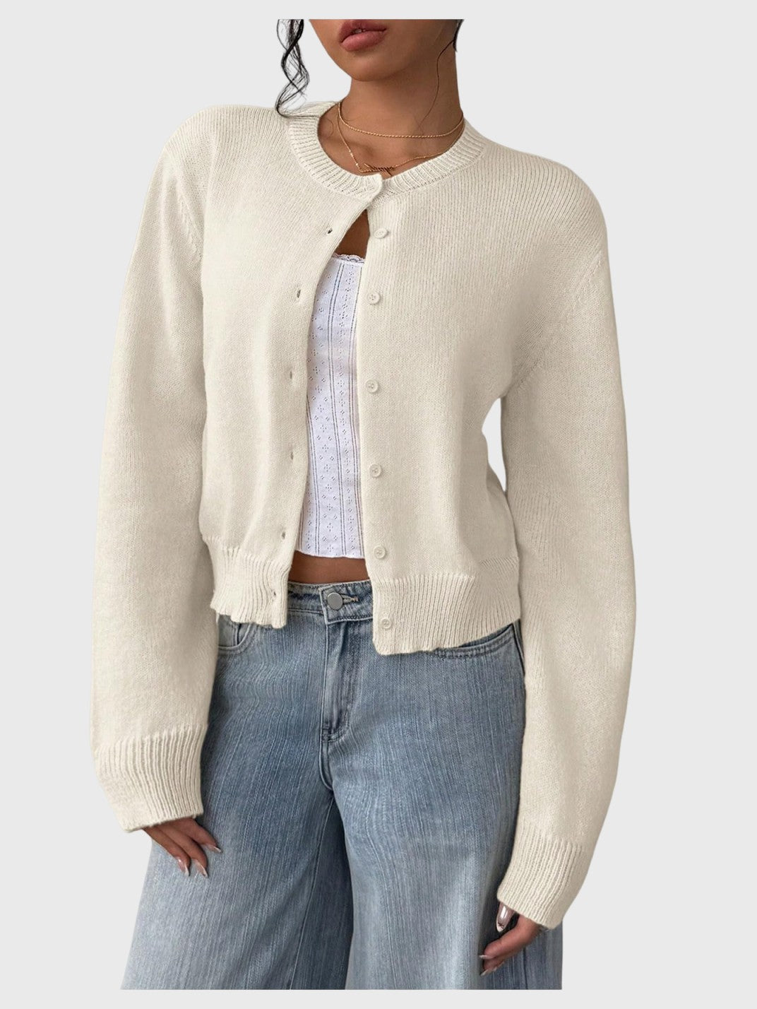 Women's Button Down Long Sleeve Crewneck Crop Cardigan Sweater Cute Knitwear Clothes