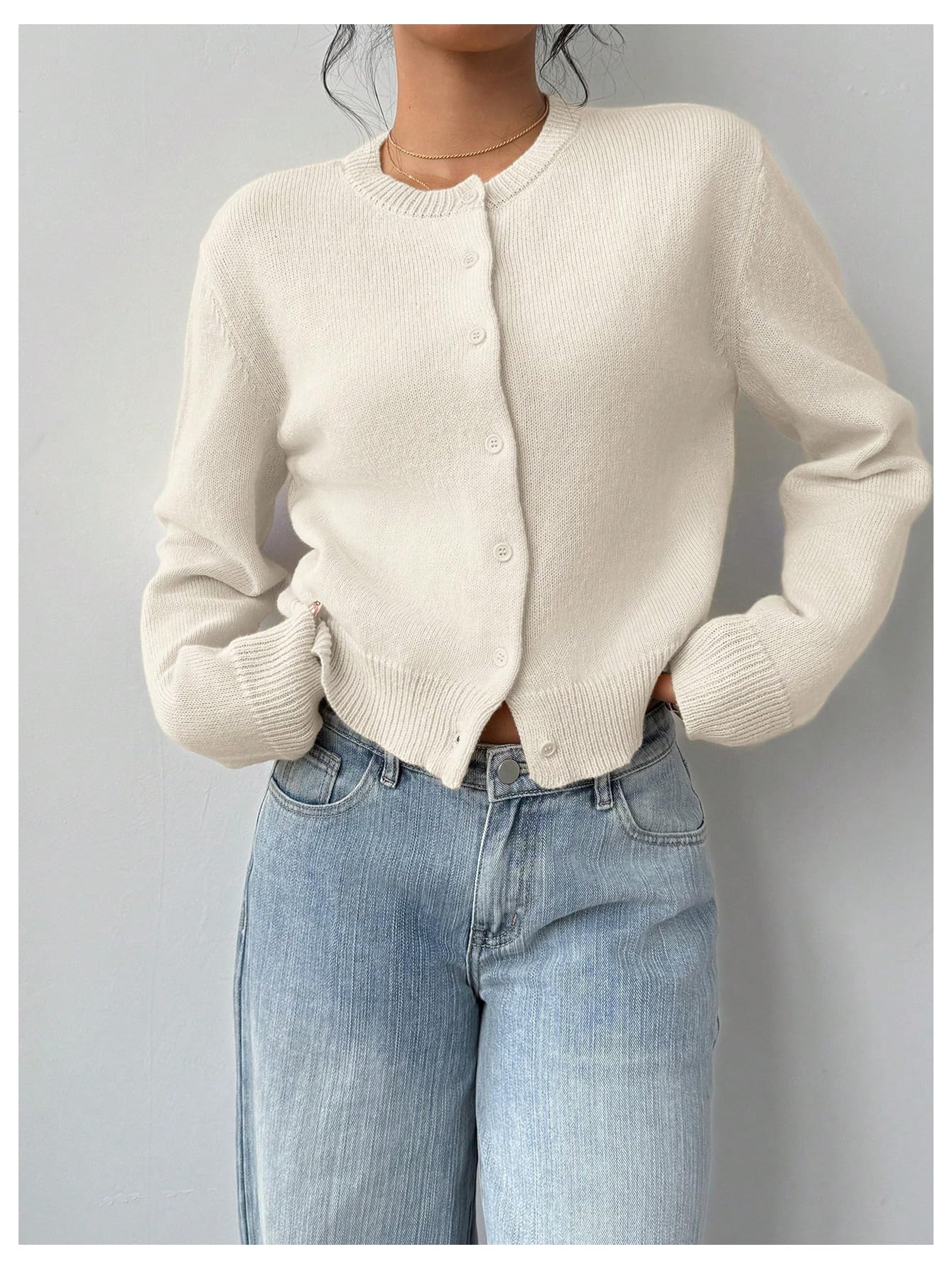 Women's Button Down Long Sleeve Crewneck Crop Cardigan Sweater Cute Knitwear Clothes