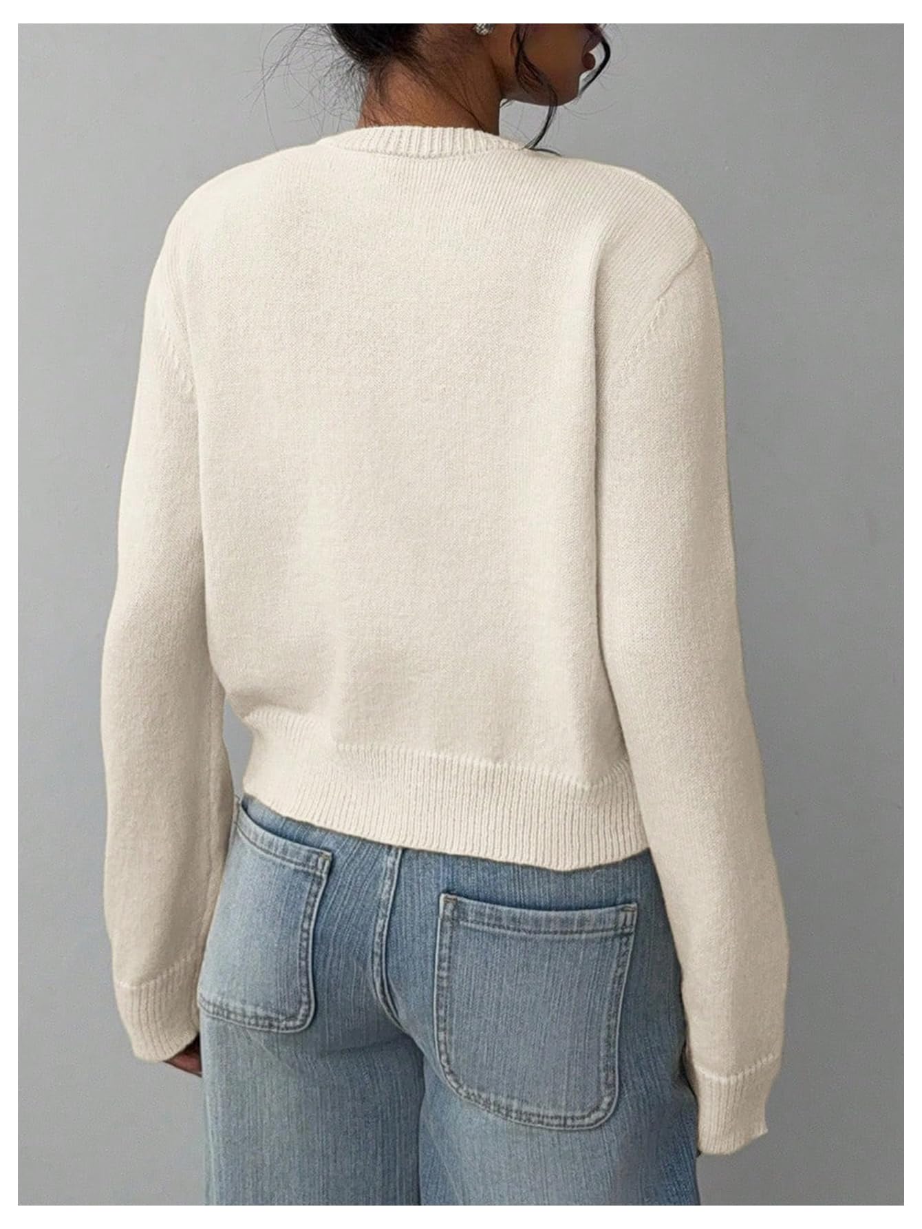 Women's Button Down Long Sleeve Crewneck Crop Cardigan Sweater Cute Knitwear Clothes