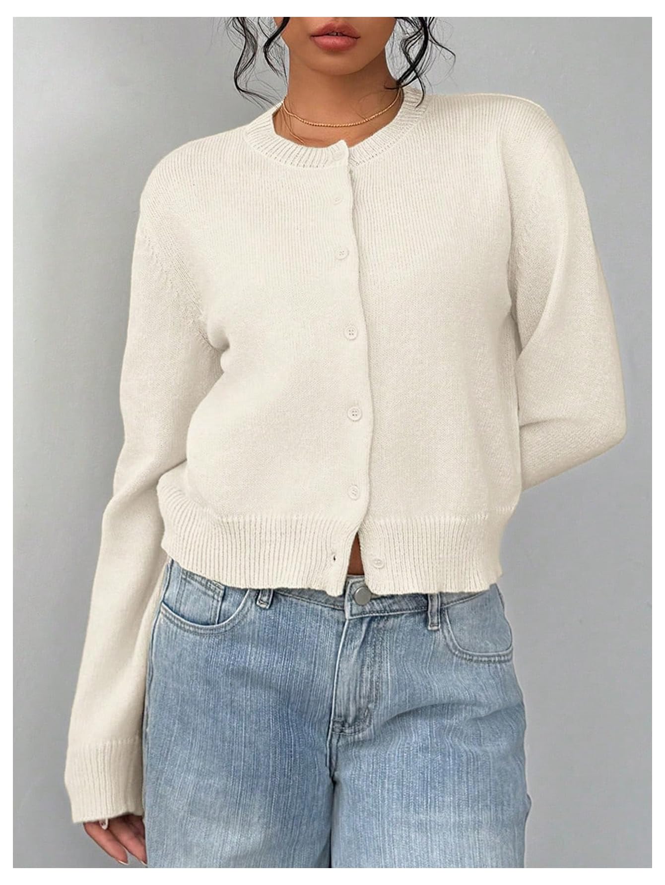 Women's Button Down Long Sleeve Crewneck Crop Cardigan Sweater Cute Knitwear Clothes