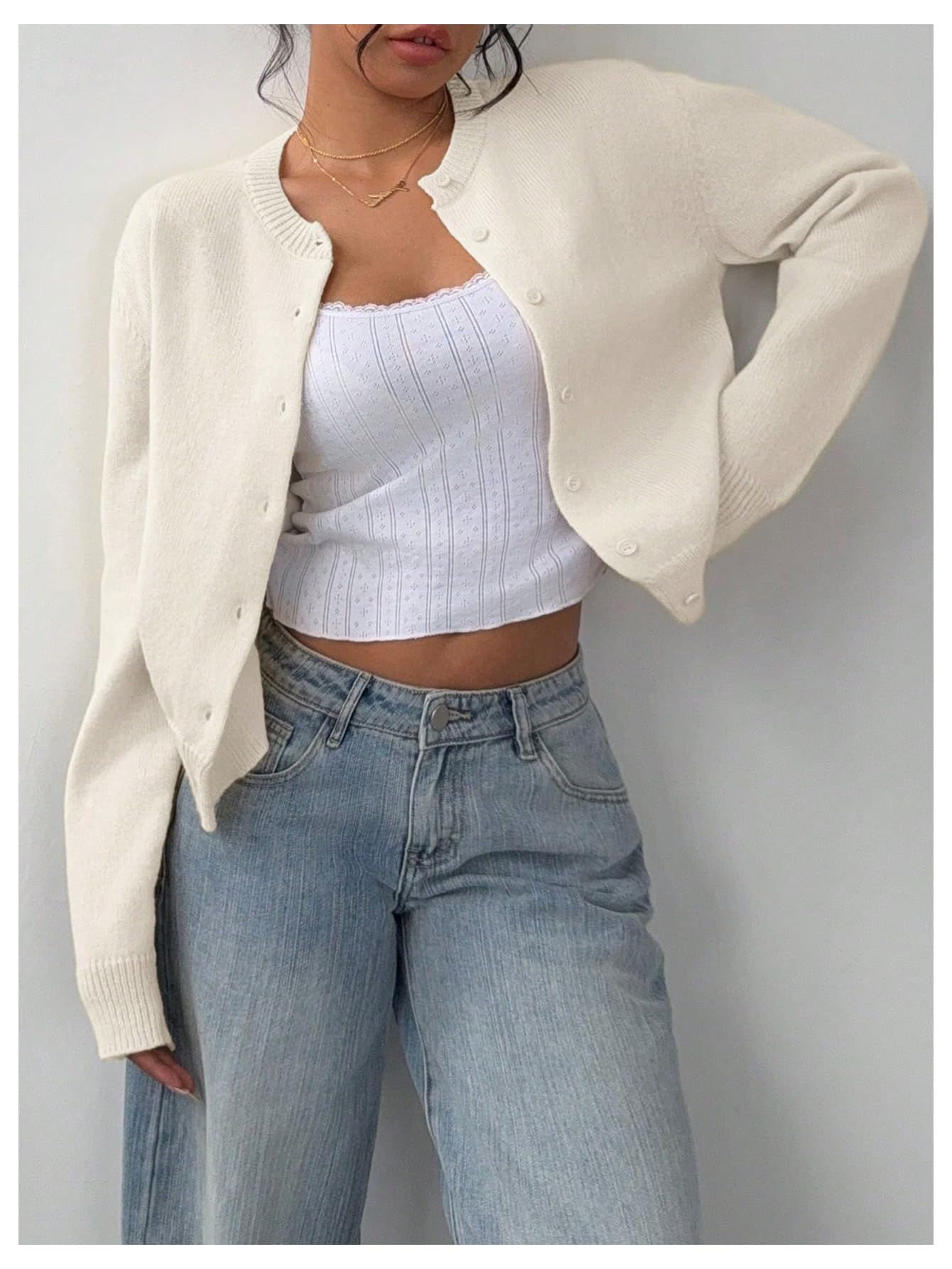 Women's Button Down Long Sleeve Crewneck Crop Cardigan Sweater Cute Knitwear Clothes