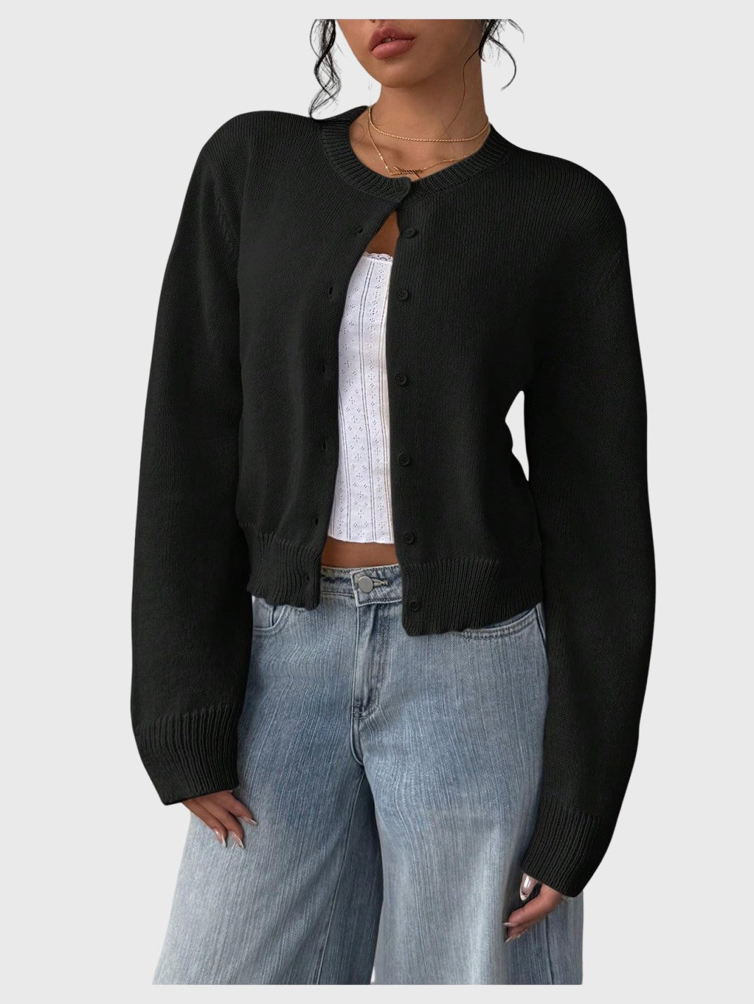 Women's Button Down Long Sleeve Crewneck Crop Cardigan Sweater Cute Knitwear Clothes