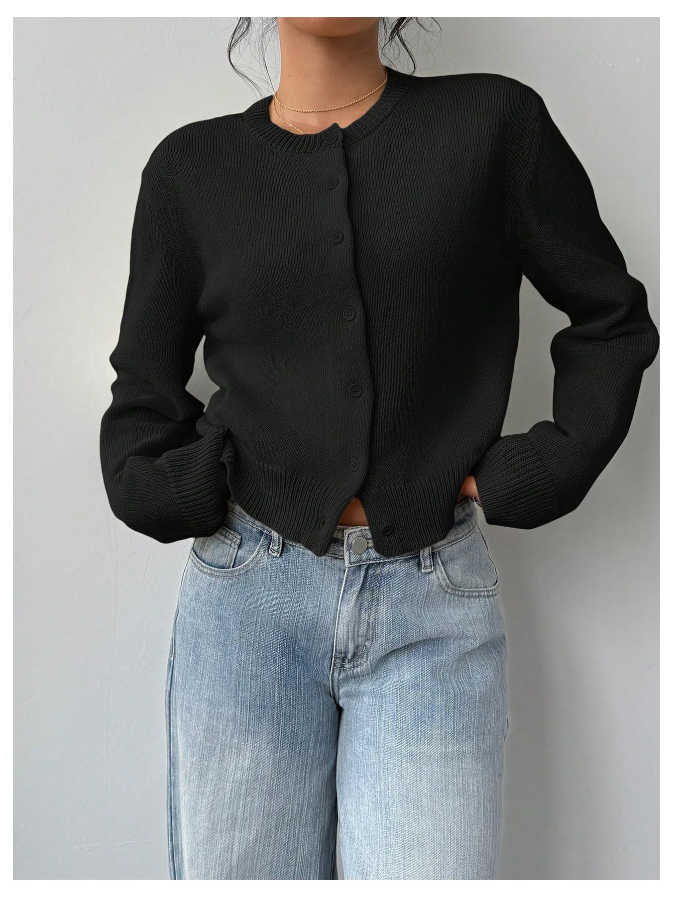 Women's Button Down Long Sleeve Crewneck Crop Cardigan Sweater Cute Knitwear Clothes