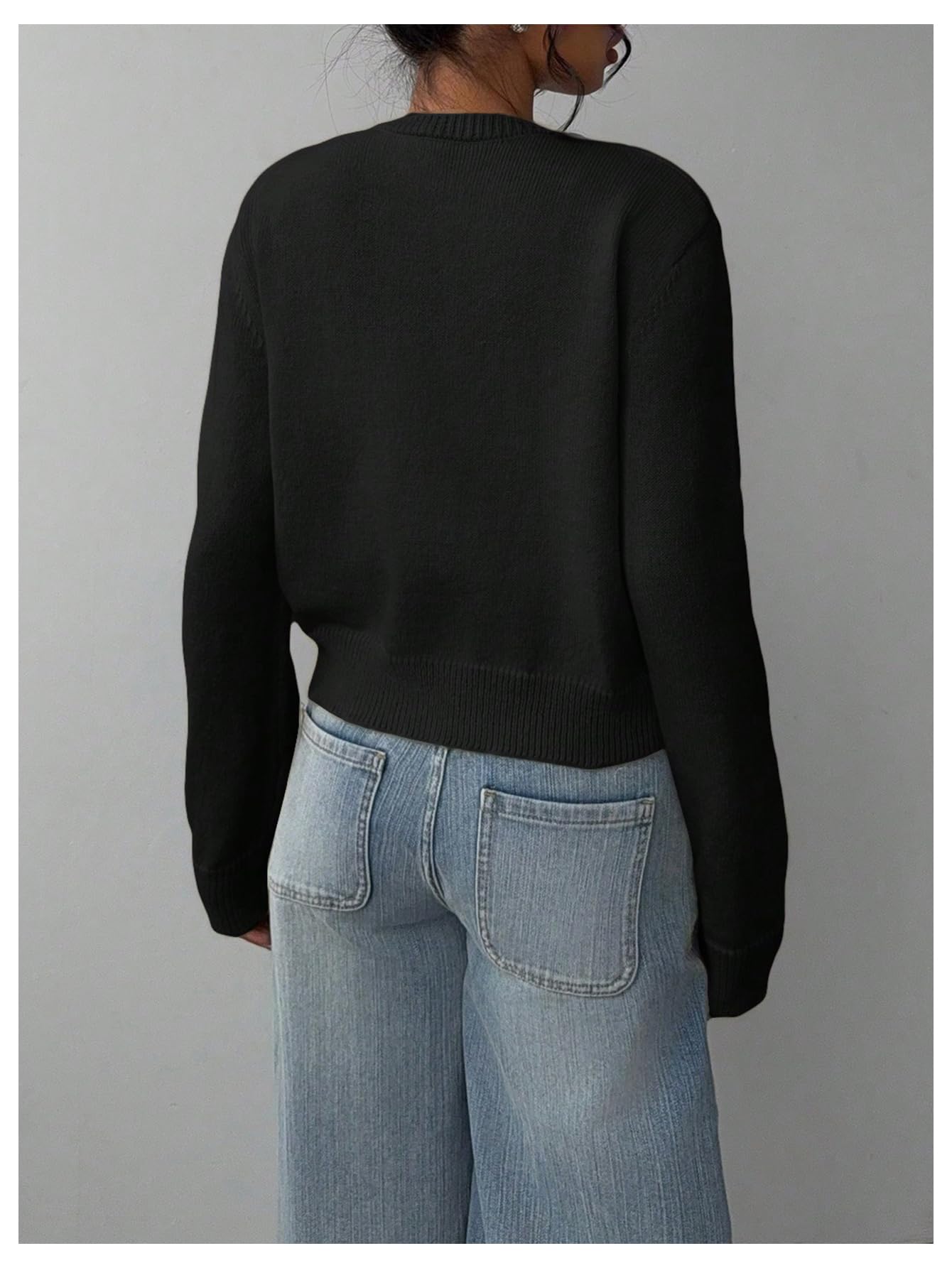 Women's Button Down Long Sleeve Crewneck Crop Cardigan Sweater Cute Knitwear Clothes