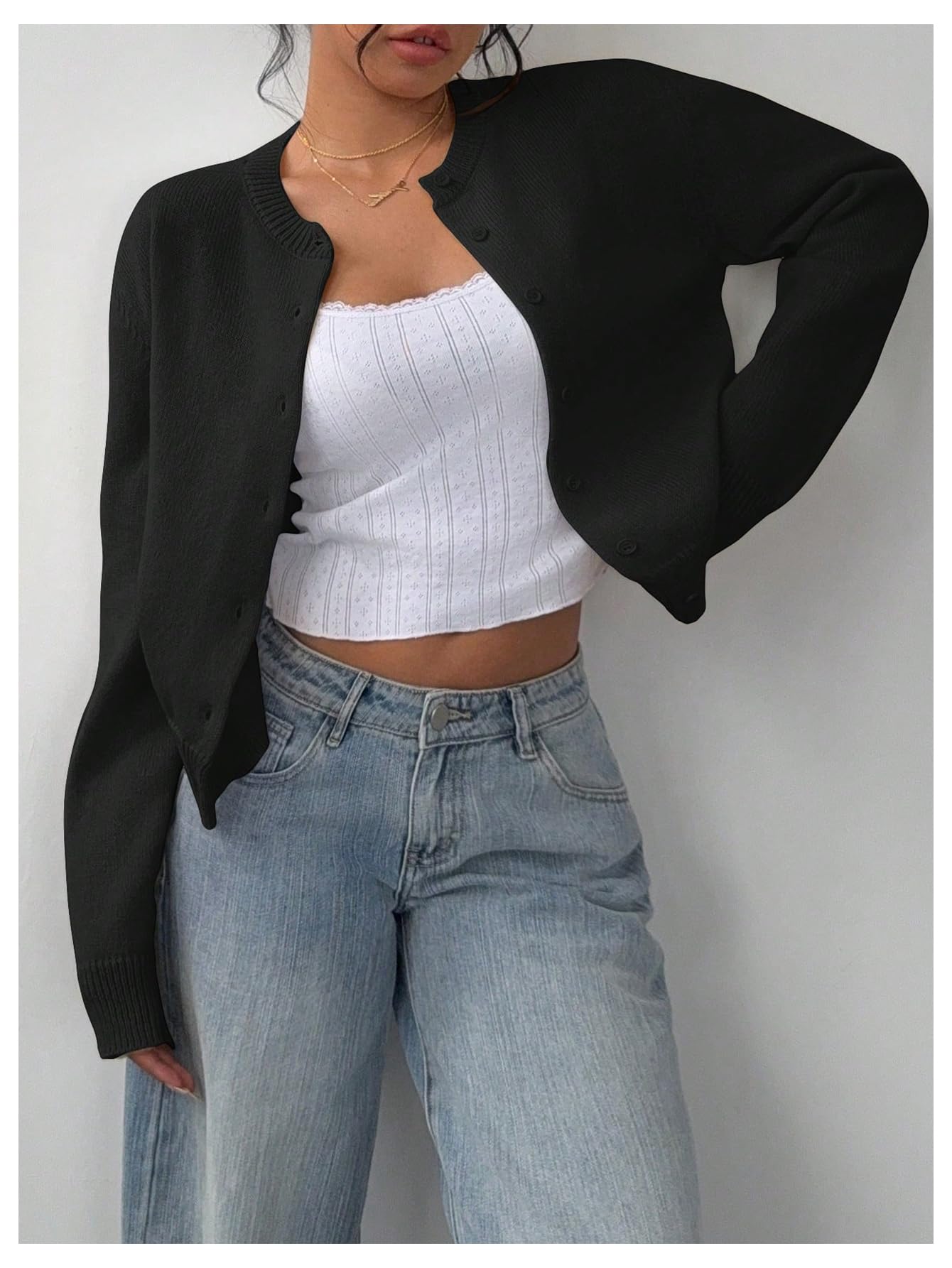 Women's Button Down Long Sleeve Crewneck Crop Cardigan Sweater Cute Knitwear Clothes